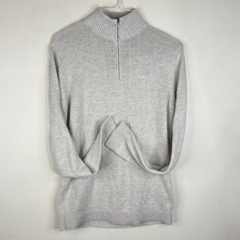Hollister Sweater Mens Large Beige Cotton Blend Quarter Zip Pullover Knit Logo